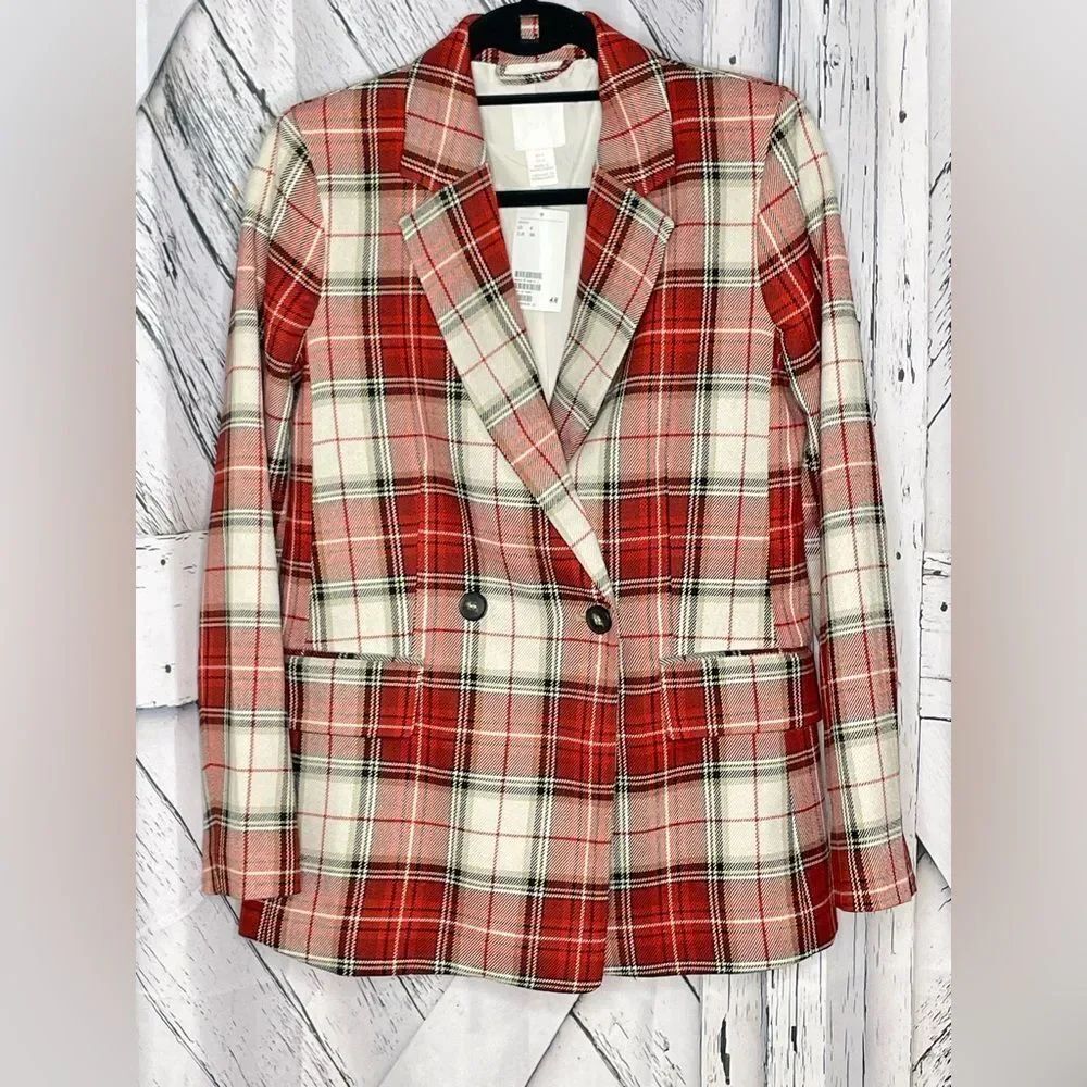 NWT H&M Red & White Double Breasted Plaid Blazer Size 4